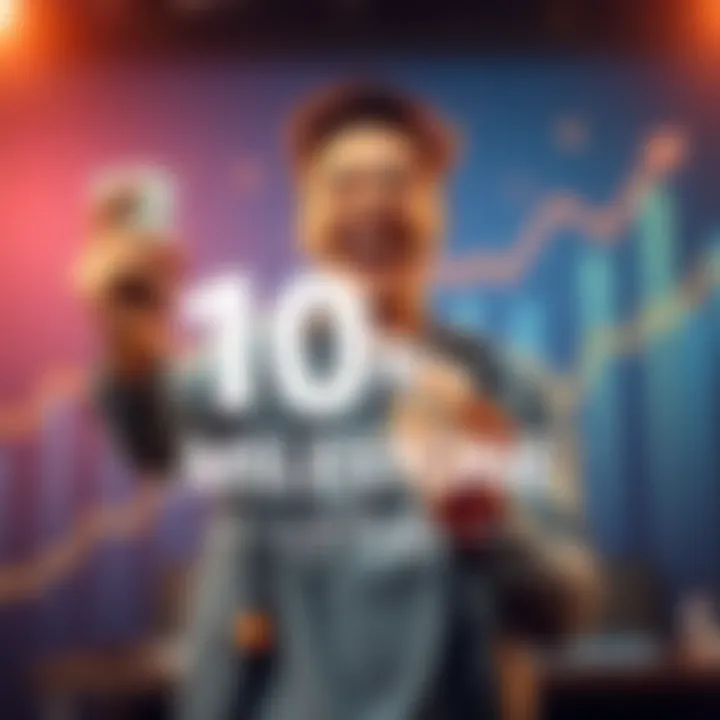 A person happily counting money, celebrating reaching the financial milestone of 10k, with graphs showing upward trends in the background.