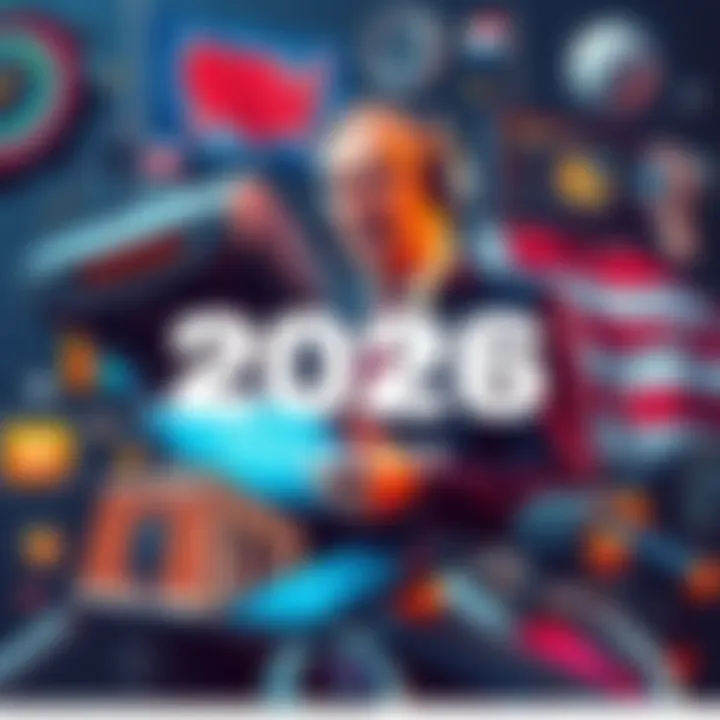 A collage showing political symbols, technological devices, and social interactions, representing future trends in 2026.