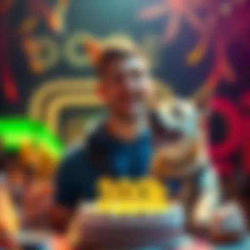 A person celebrating reaching 300,000 DOGE with a big smile and a DOGE-themed cake