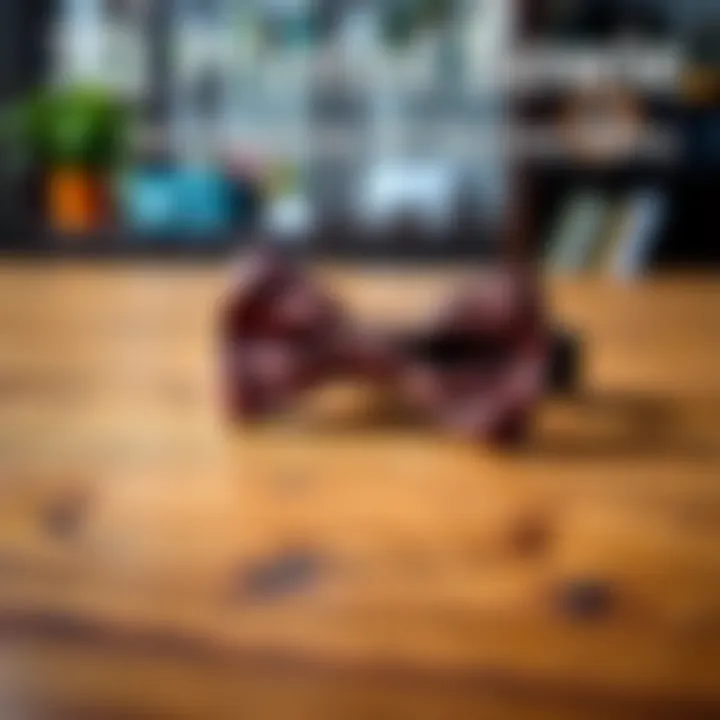 3D Printed Bowtie on Table A close-up view of a 3D printed bowtie resting on a wooden table, showcasing its unique design and texture.