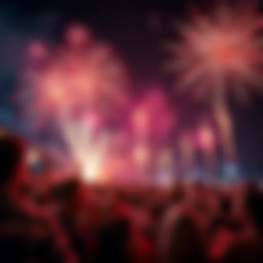 People celebrating 4th of July with fireworks A crowd enjoying fireworks during a 4th of July celebration, showcasing festive decorations and people smiling.