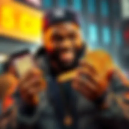 Rapper 50 Cent holding a phone displaying a Bitcoin wallet, smiling as he learns of his newfound fortune.