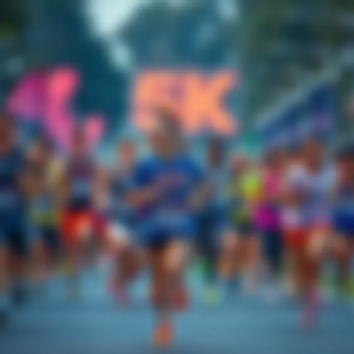 A group of enthusiastic runners competing in a 5k race, showcasing various styles and expressions of excitement