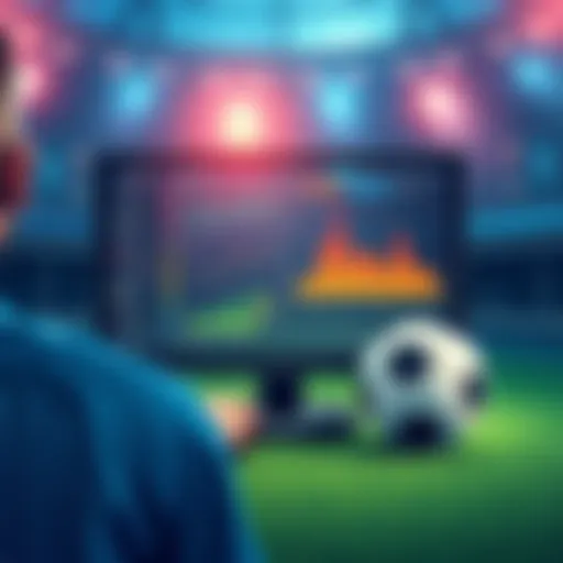 An illustration showing an AI tool analyzing football match data, with graphs and predictions on a screen, and a football on the side
