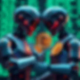 Two AI robots conducting Bitcoin transactions with digital data in the background