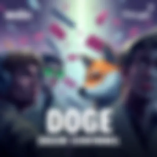 Members of the DOGE community looking worried and reflective, surrounded by fading memes and symbols of lost investment hopes.