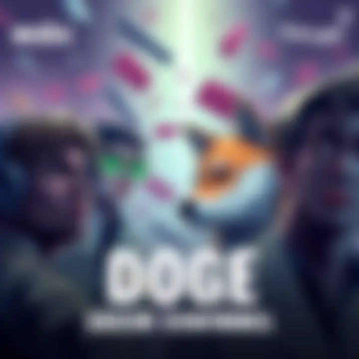 Members of the DOGE community looking worried and reflective, surrounded by fading memes and symbols of lost investment hopes.