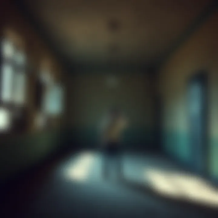 A person exploring an abandoned communist-era building with eerie shadows and open windows, listening to strange sounds in the background.