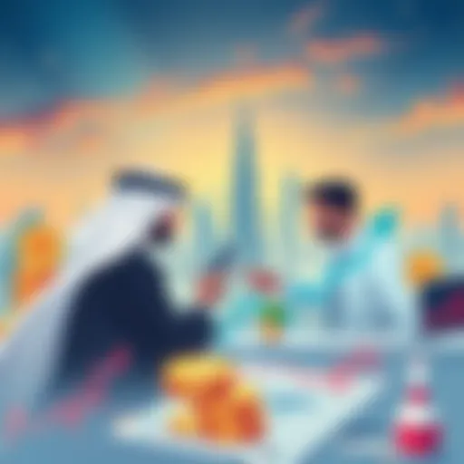 Illustration of financial experts analyzing Bitcoin charts with Abu Dhabi skyline in the background