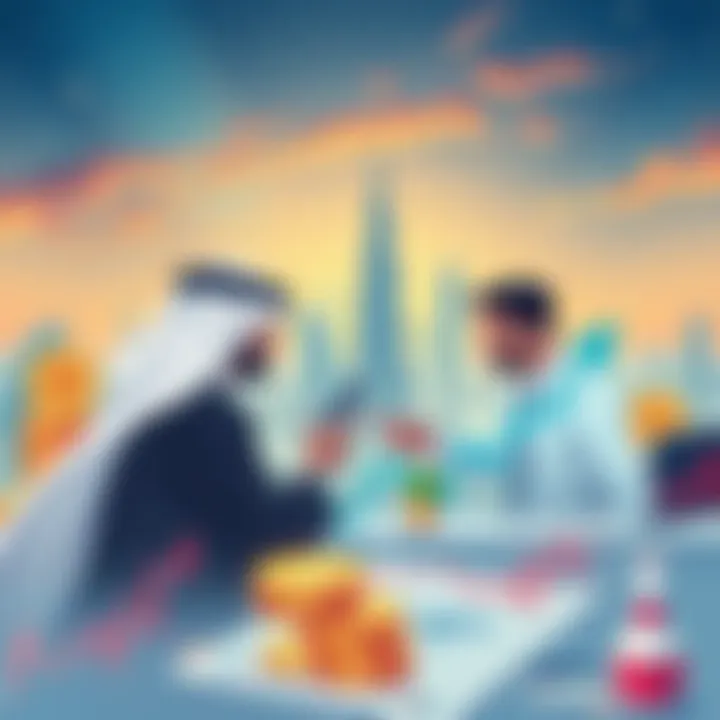 Illustration of financial experts analyzing Bitcoin charts with Abu Dhabi skyline in the background
