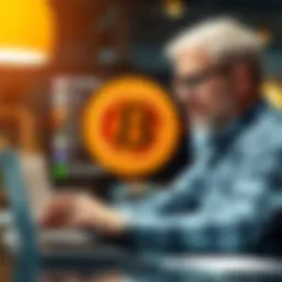 A business owner reviewing Bitcoin payment options on a laptop with a digital currency symbol in the background.