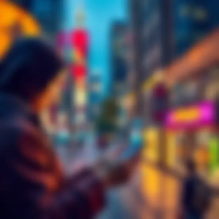 A traveler checking their phone in a foreign city while looking for ways to access Bitcoin securely.