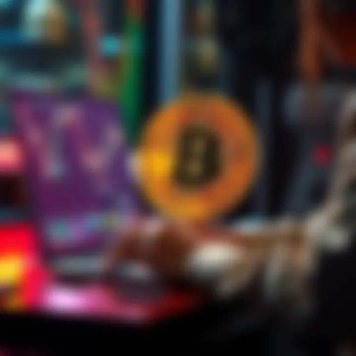Accessing Bitcoin Wallet A person using a laptop to access their Bitcoin wallet with a digital currency graphic in the background