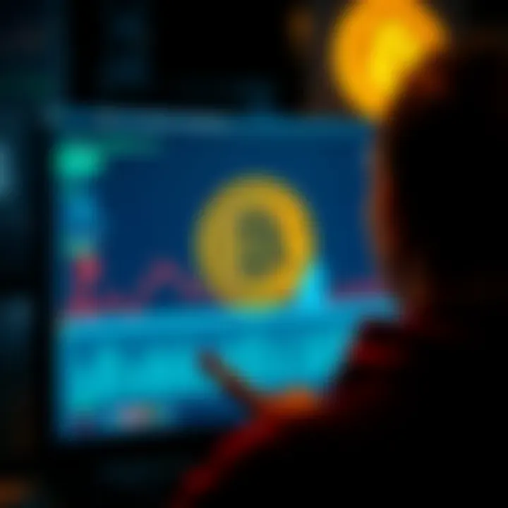 A person looking at their computer screen with a Bitcoin wallet interface and a digital wallet symbol