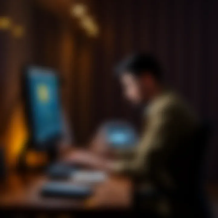 Accessing Bitcoin Wallets After Loss Person sitting at a desk, looking at a computer screen with Bitcoin wallet information, showing a sense of determination and sadness