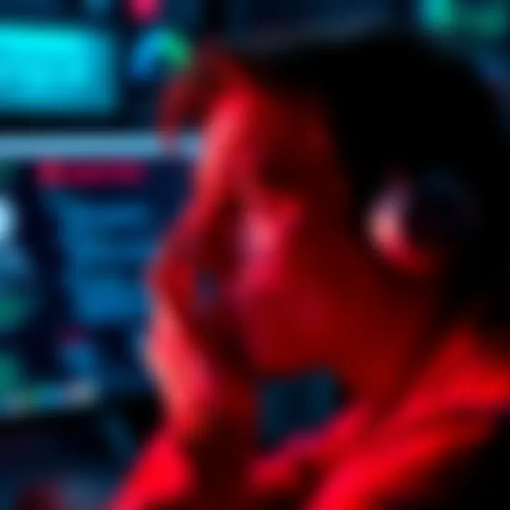 User Frustration with Account Screening A user looking frustrated while viewing a computer screen displaying an error message related to account review.