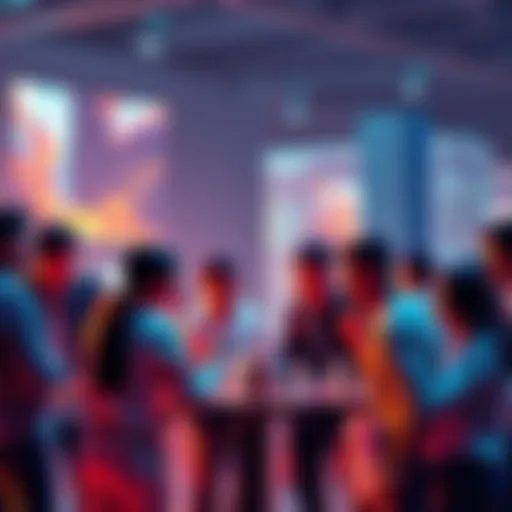 Active Community Engagement on Mirage A group of people discussing and sharing ideas on the Mirage platform, highlighting their interactions and community spirit.