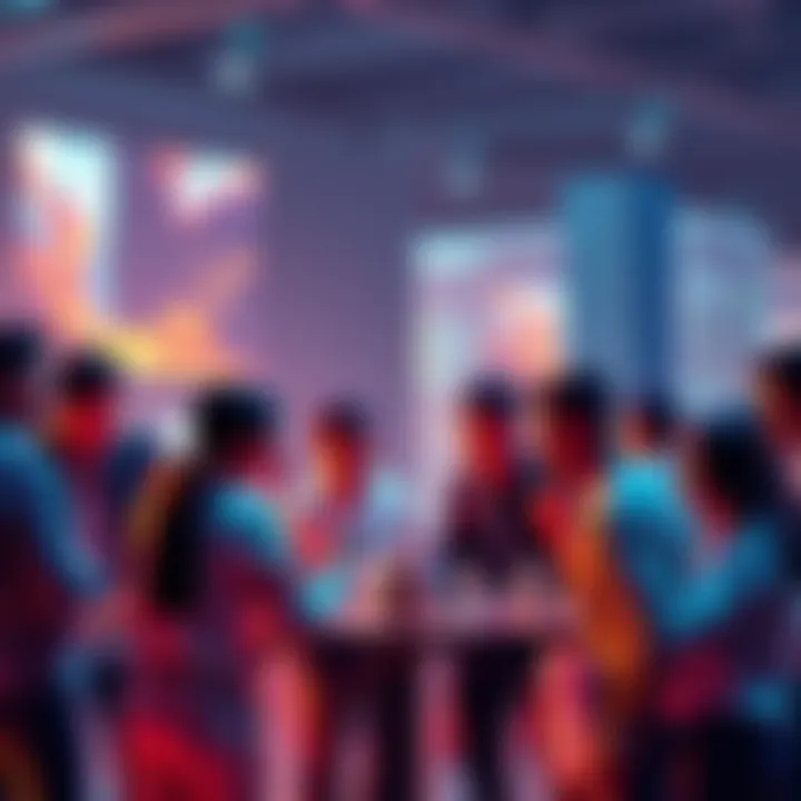 Active Community Engagement on Mirage A group of people discussing and sharing ideas on the Mirage platform, highlighting their interactions and community spirit.