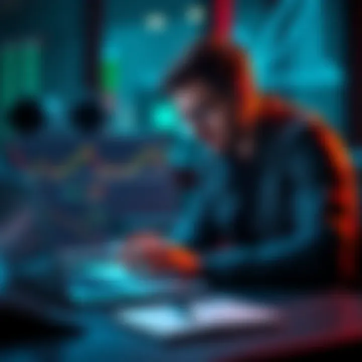 An amateur trader analyzing graphs on a laptop, showcasing ETH trading results next to a lending strategy on Aave.