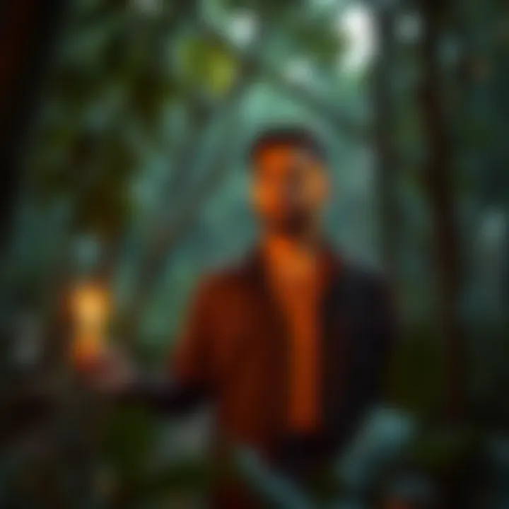 Actor in Jungle with Candle An actor holding a candle in the jungle, surrounded by trees and shadows, as he embarks on a unique journey.