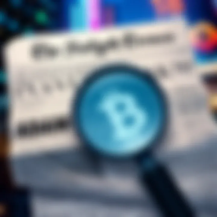 A newspaper headline discussing Adam Back's potential link to Satoshi Nakamoto, with a magnifying glass symbolizing investigation.