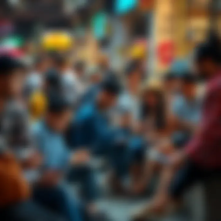 A diverse group of people engaging in various activities that reflect new societal norms, such as remote work and social distancing, in a community setting.