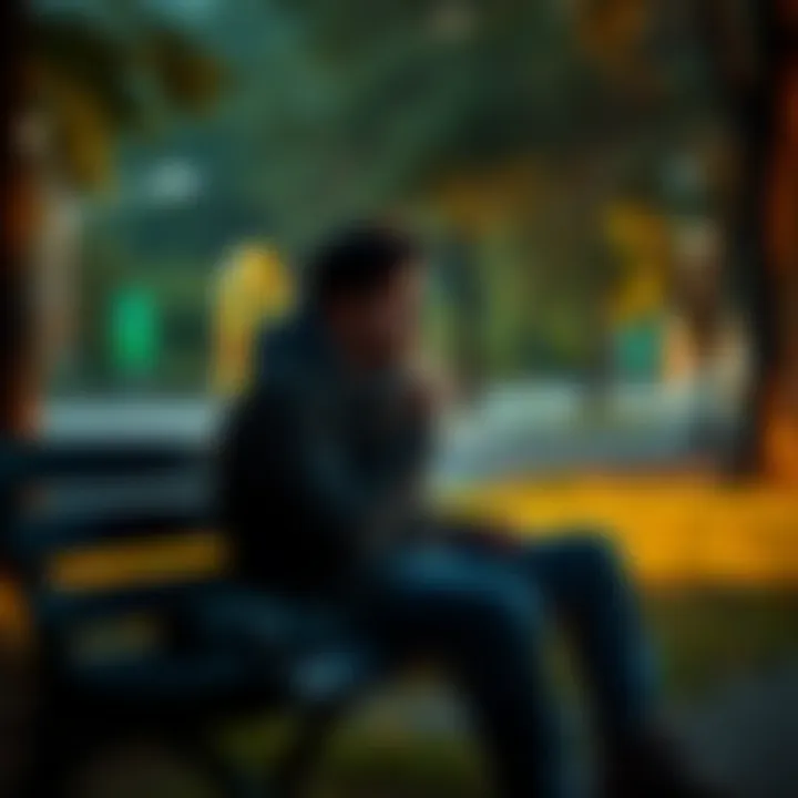 A person sitting on a park bench, looking thoughtful with a cigarette in hand, surrounded by nature, symbolizing regret and lost opportunities from past drug use.