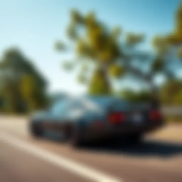 An AE86 kit car driving on a scenic road, showcasing its sleek design while enjoying a sunny day. Behind it are green trees and a clear blue sky.