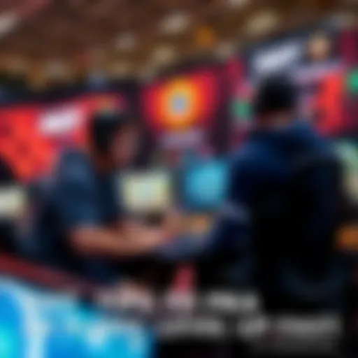 AE players sharing tips A group of experienced AE players discussing strategies around a gaming setup, featuring badges and event graphics in the background.