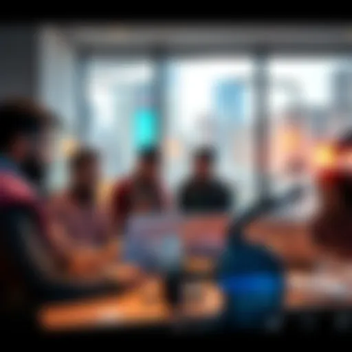 A group of Afghan entrepreneurs discussing blockchain technology over laptops in a modern workspace