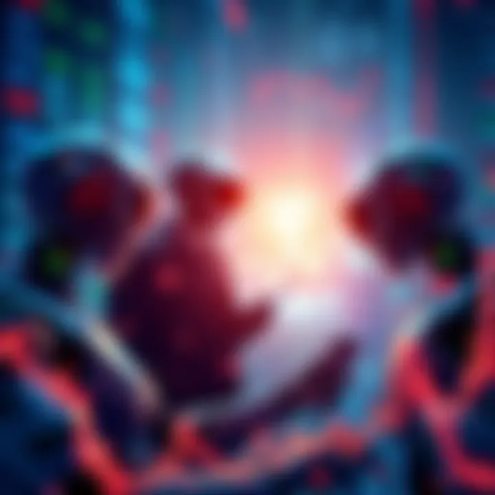 Illustration of AI agents analyzing data and executing trades in a digital market