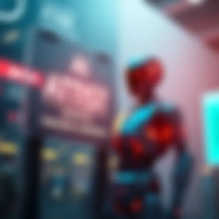 An AI agent symbolically represented as a robot standing next to a digital sign announcing a new cryptocurrency trading company.