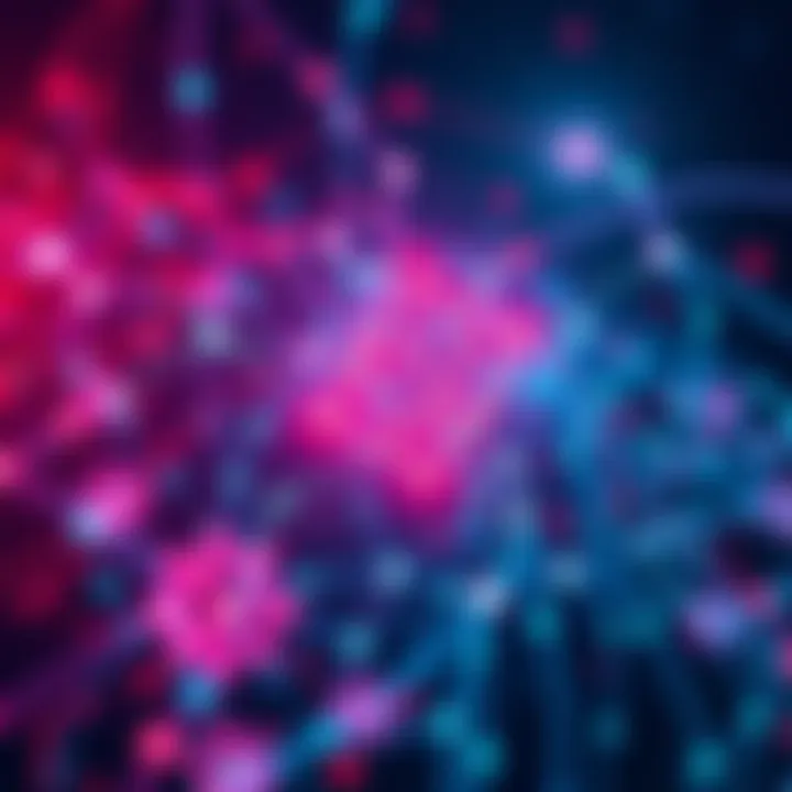 Visual representation of AI agents interacting with blockchain technology, showing network connections and data flow