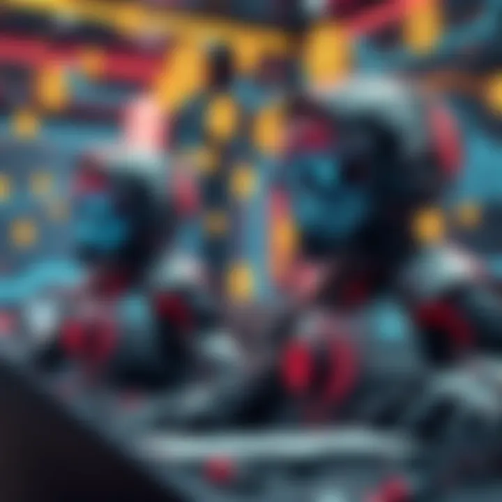 AI Agents in Cryptocurrency A futuristic scene showing AI agents managing cryptocurrency transactions with digital currency symbols floating around them.