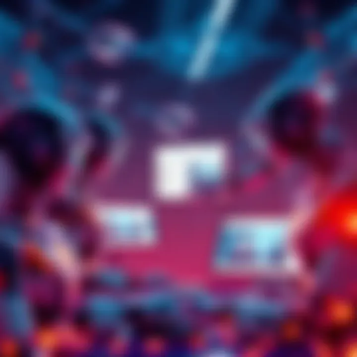A group of AI agents working together to build a digital social network platform, with screens displaying social media interactions.