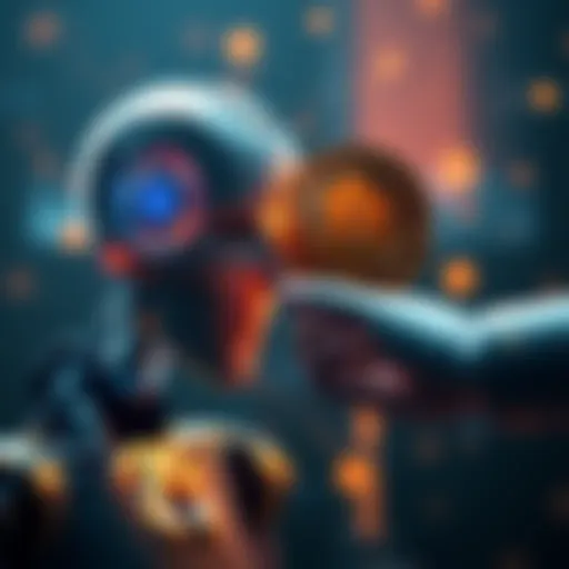 A visual representation showing the clash between AI technology and Bitcoin, symbolized by a robot and a Bitcoin coin facing each other.