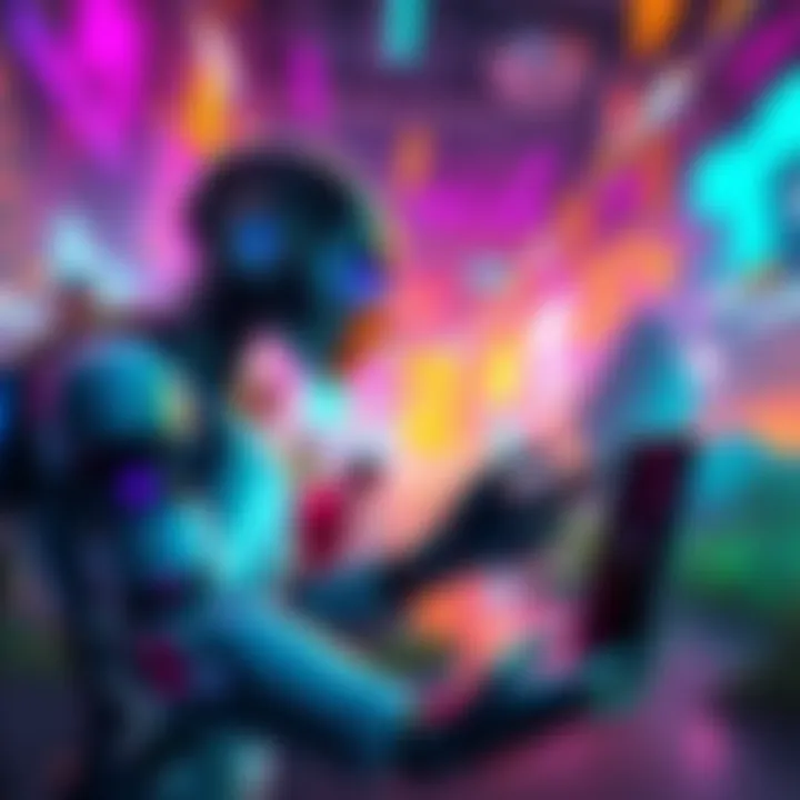 An AI character from Theta Labs engaging players in a vibrant virtual landscape with interactive elements.