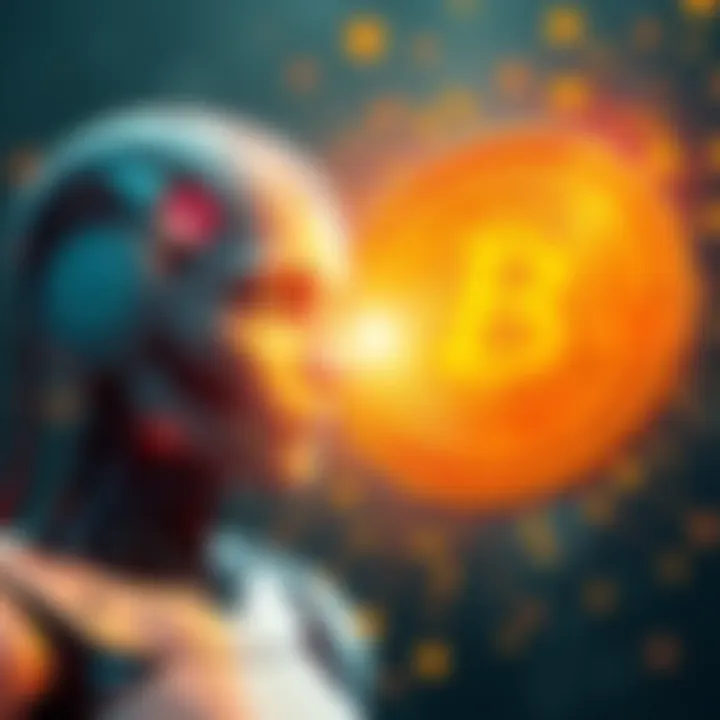 A visual representation showing a robot symbolizing AI on one side and cryptocurrency coins on the other side, illustrating the hype around both technologies.