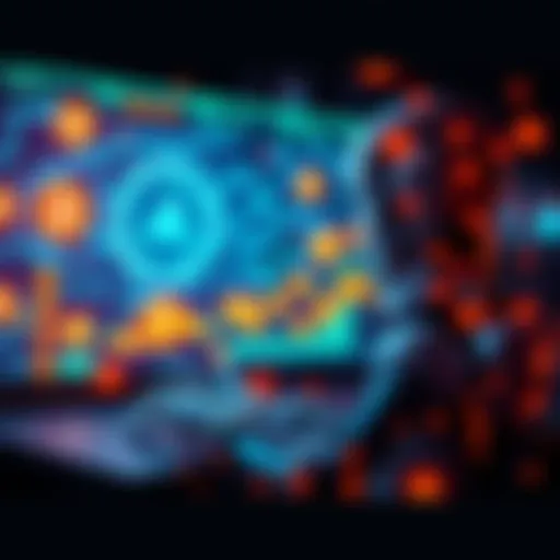 An AI agent processing cryptocurrency transactions on a digital interface with glowing coin symbols around it.