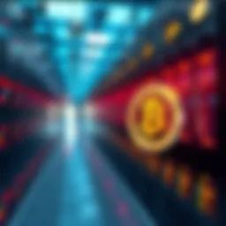 A modern AI data centre with rows of servers and a Bitcoin symbol in the foreground, indicating a potential shift to cryptocurrency mining.