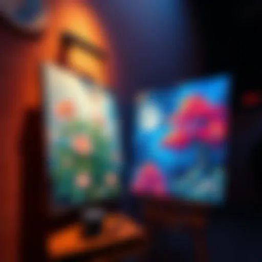 A digital canvas displaying AI-generated art next to a traditional painting. Artists debate the value of each.
