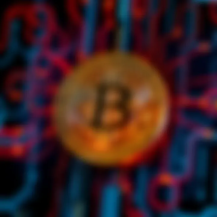 A digital representation of AI code overlaying a Bitcoin symbol, suggesting a hack that could devalue cryptocurrency.