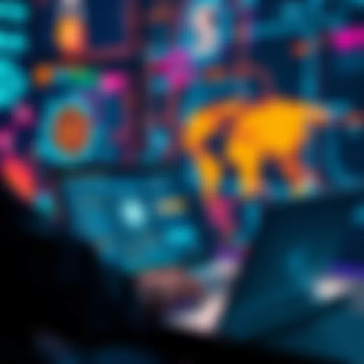 A person searching for opportunities on a laptop with AI-themed graphics in the background