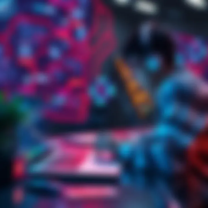 A person coding on a laptop with AI elements in the background, showcasing an interactive development environment.