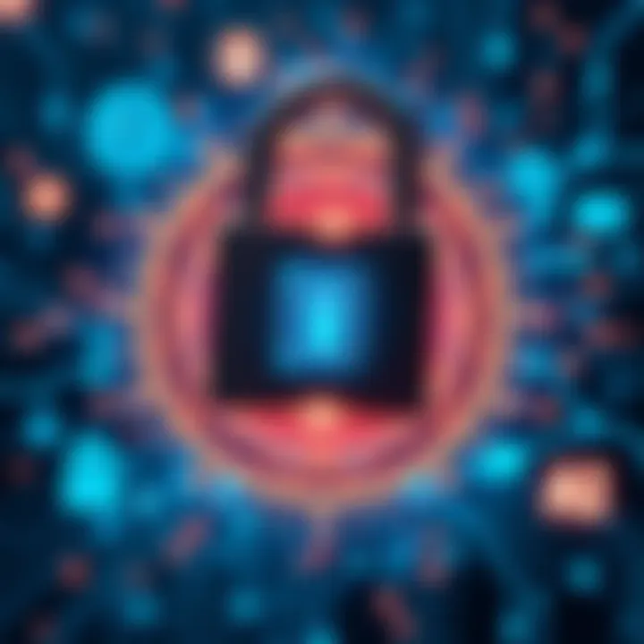 A digital lock representing crypto security, surrounded by glowing quantum symbols and AI elements, showing the conflict between technology and traditional security methods.