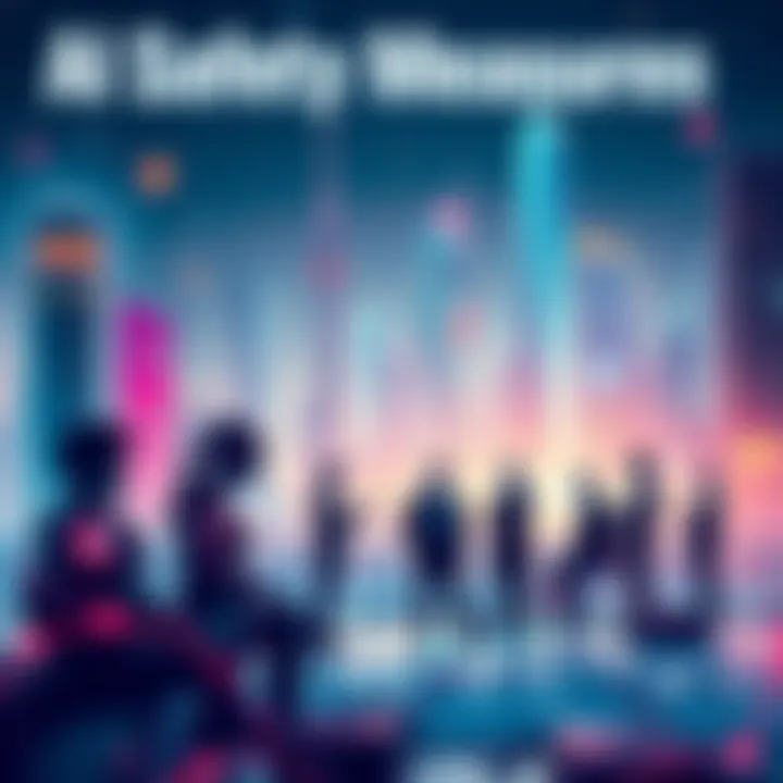 A group of people discussing AI safety measures with visual elements representing technology and collaboration, set against a backdrop of a futuristic city.