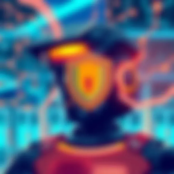 An illustration of ArcWarden, an AI security agent, monitoring blockchain transactions with a digital shield, blocking fraudulent activities, and showing secure wallet management.