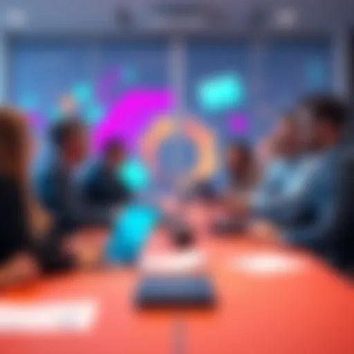 A group of people discussing AI standards at a conference table with laptops and documents