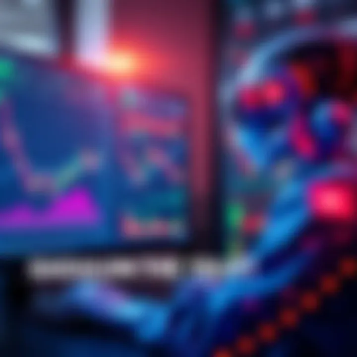 An AI trading agent analyzing stock market trends on a computer screen, with graphs and charts displayed.