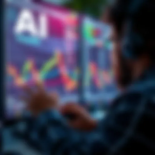 AI Trading Concept A person looking at stock charts on a computer screen with AI-related graphics overlayed, symbolizing the rise of AI in trading.